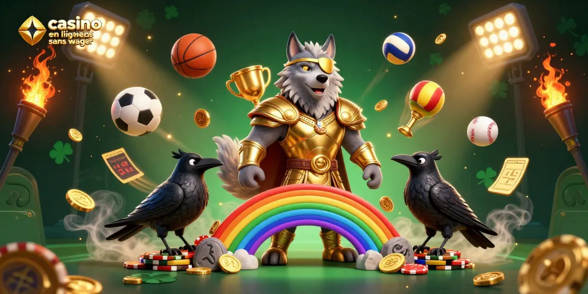 Illustration captivante représentant un casino en ligne sans wager avec des personnages mythologiques et des éléments sportifs.