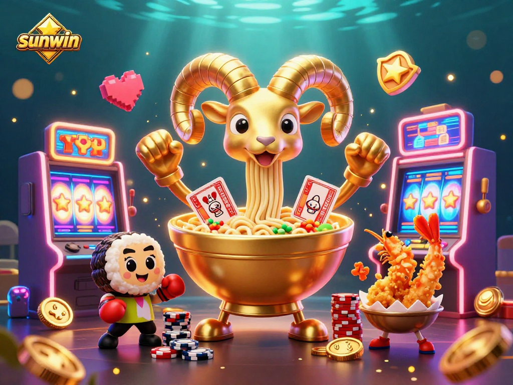 Engage with sunwin's vibrant slot gaming experience featuring a golden ramen bowl and fun characters.