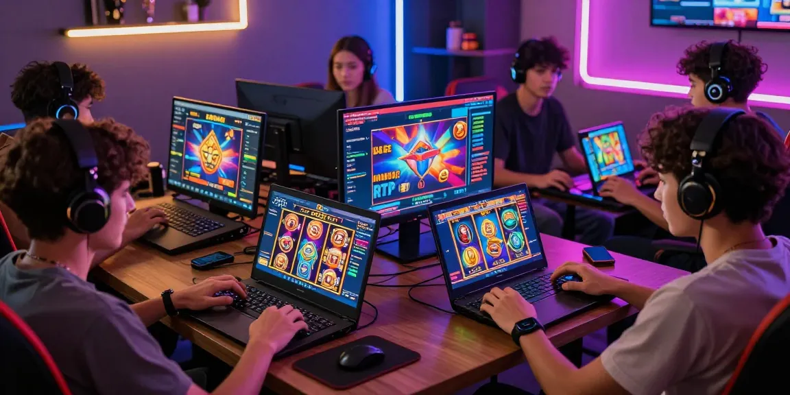 Sesi permainan slot gacor online dengan pemain yang bersemangat menggunakan berbagai perangkat, menampilkan grafik penuh warna dan suasana yang menarik.