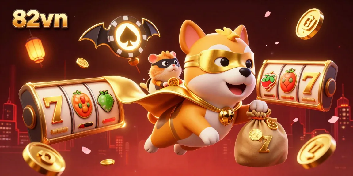 Experience thrills with 82vn's vibrant casino scene featuring a superhero dog and gold coins.