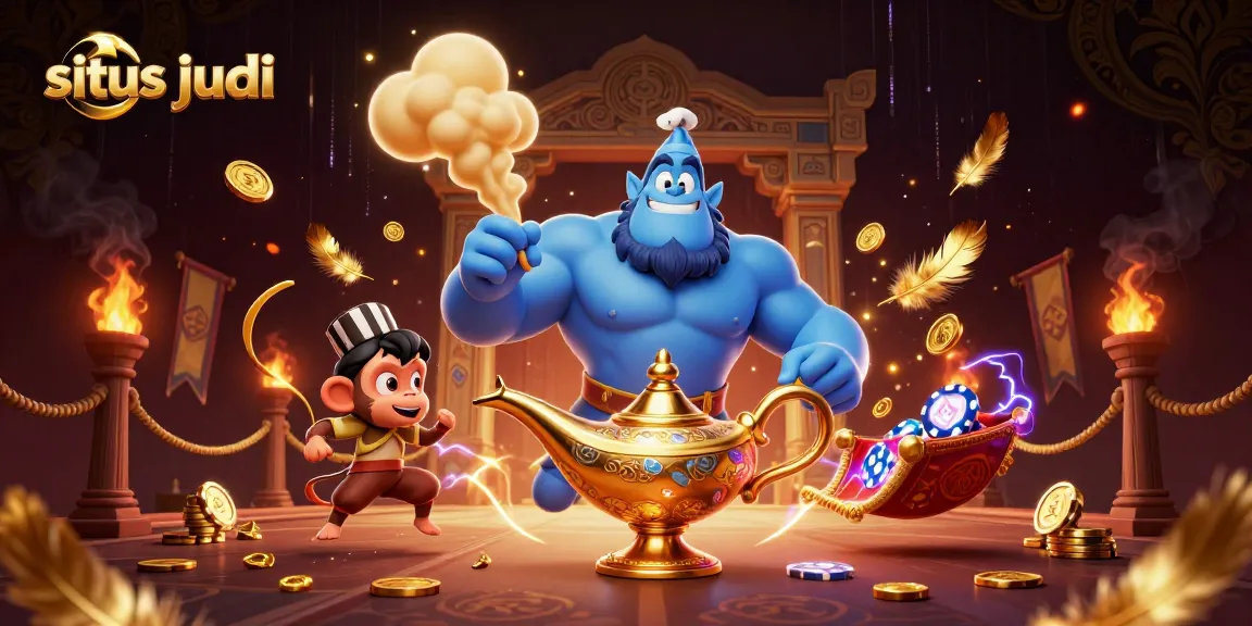 Situs judi captivating illustration with a genie and monkey amidst dynamic casino elements.