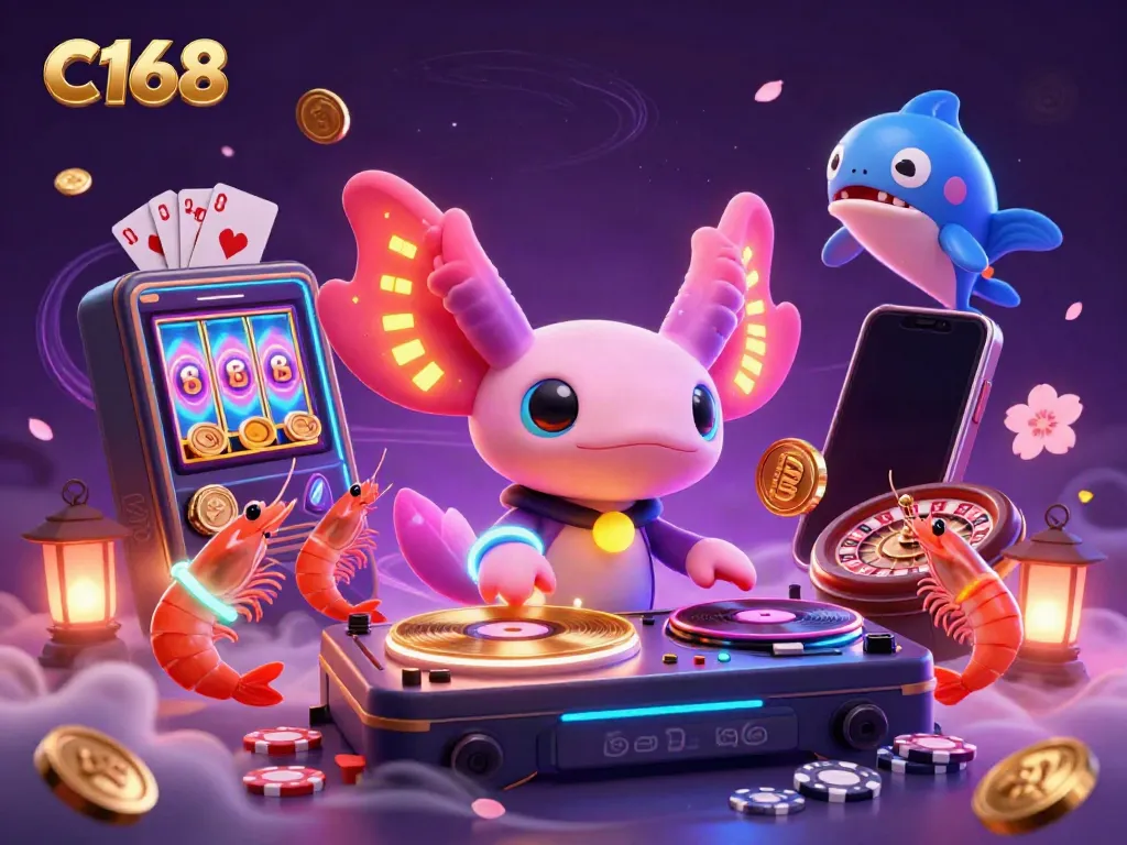 C168 slot game scene with a DJ axolotl, dancing shrimp, and a hype-man blowfish.