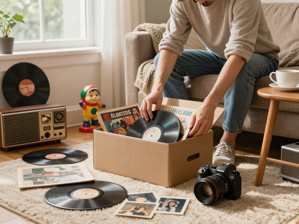Person exploring nostalgic vintage collectibles in a cozy living room with rokok 88 items.