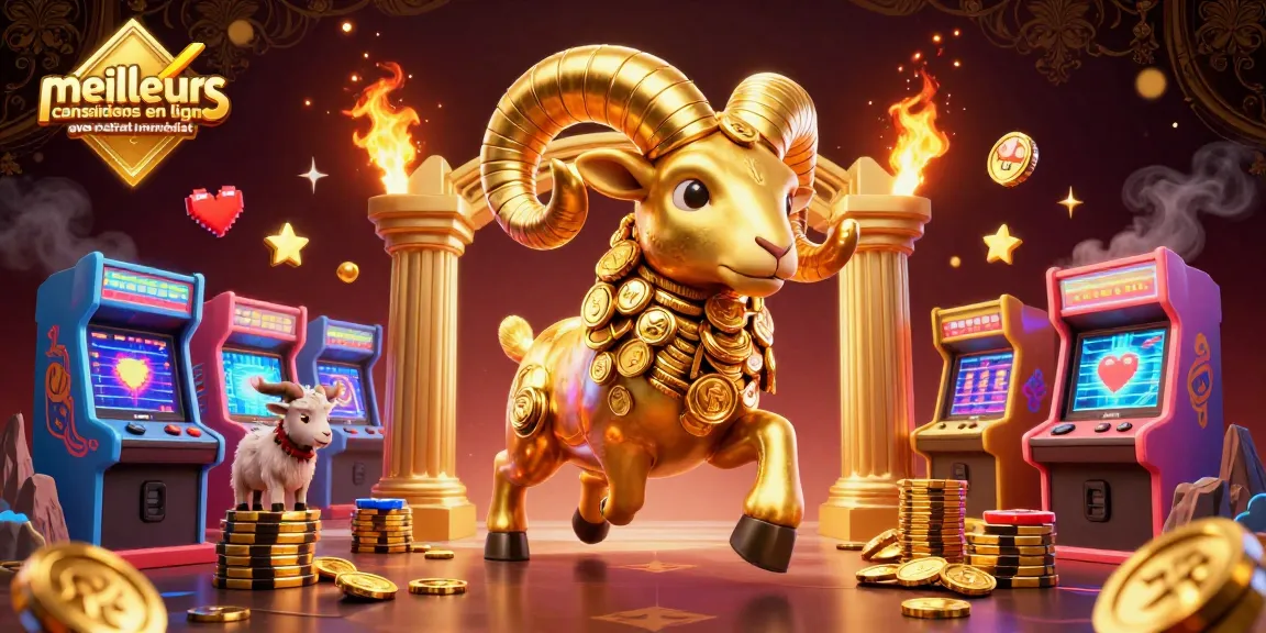 Illustration dynamique des meilleurs casinos en ligne avec retrait immédiat, montrant un bélier doré massif et des machines de jeux colorées.