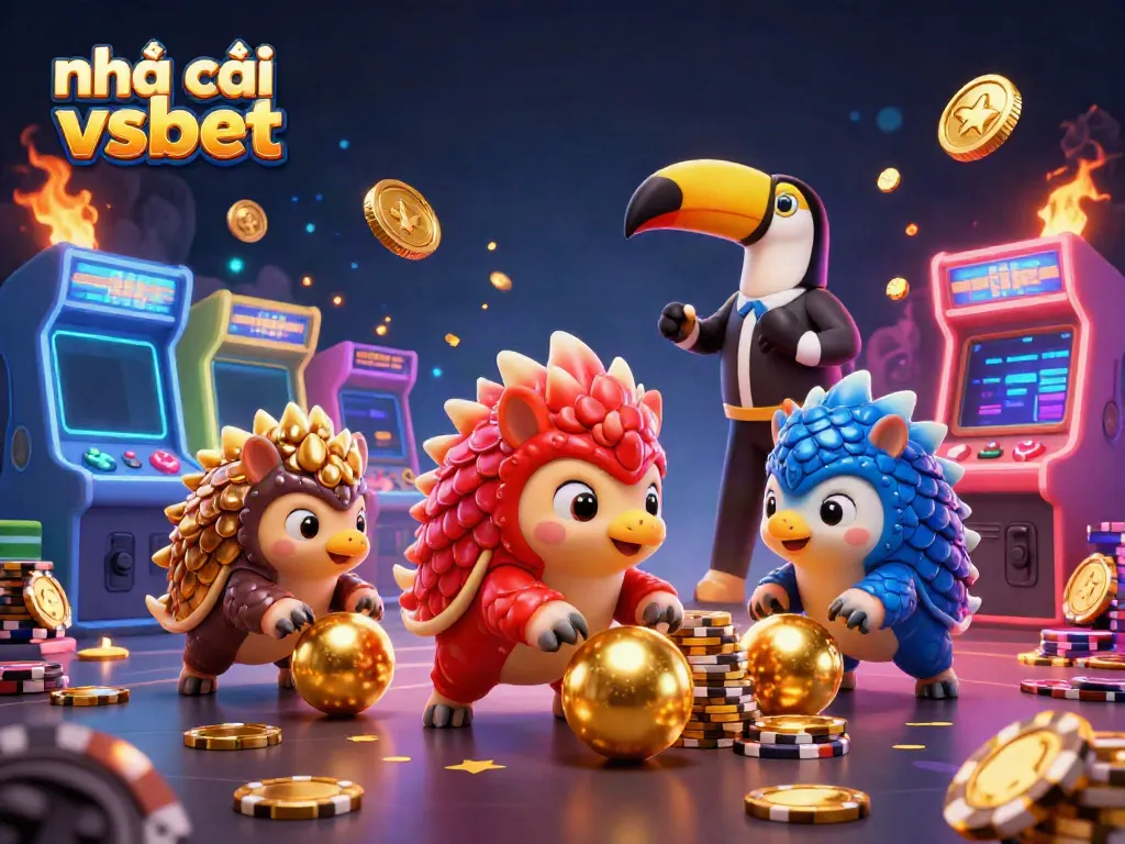 Experience the excitement of nhà cái vsbet in a vibrant 3D casino scene featuring rival pangolins and colorful game elements.