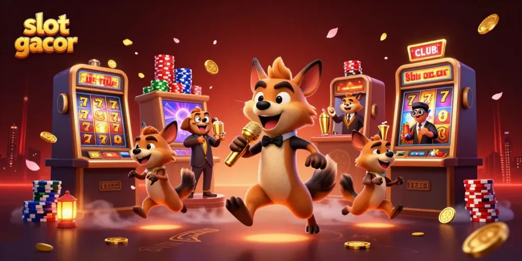 Hyenas entertaining in a slots casino club with slot gacor elements during a dynamic scene.
