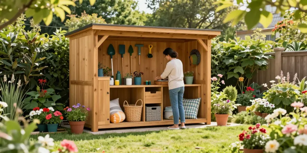 Garden storage solutions for outdoor organisation and aesthetics.