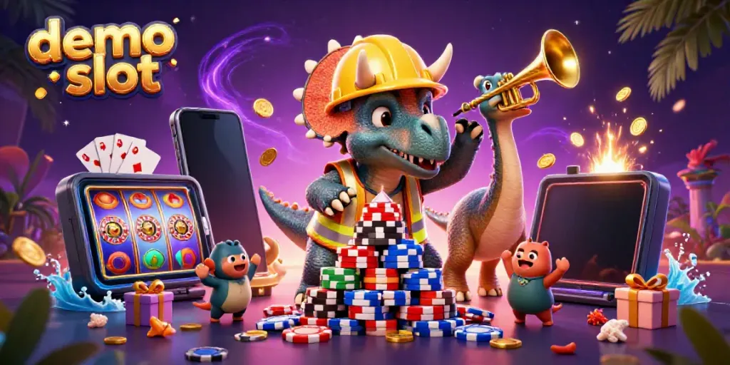 Slot demo yang menampilkan triceratops dan parasaurolophus dalam suasana meriah, simbol keberuntungan.