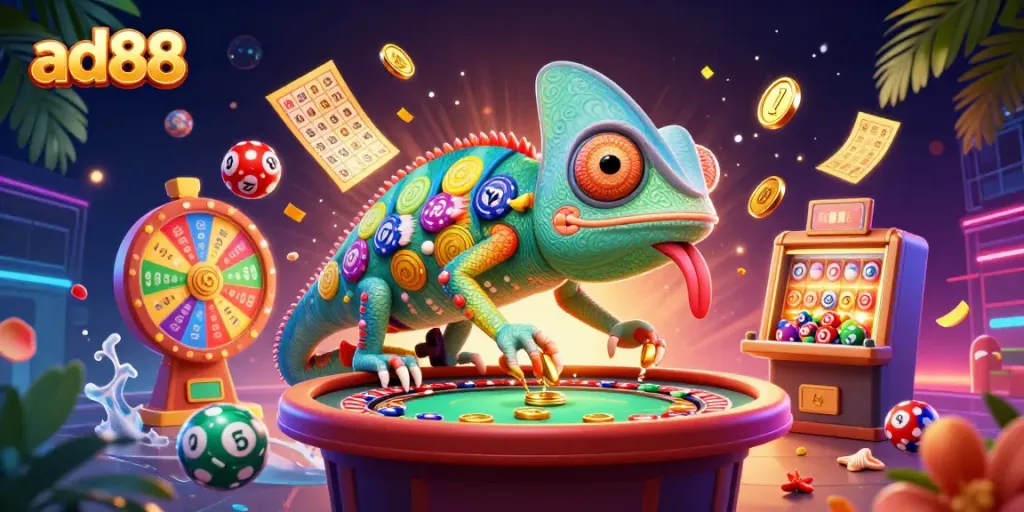 Experience the excitement of ad88 with a vibrant 3D chameleon casino owner amidst dynamic lottery games and golden prizes.