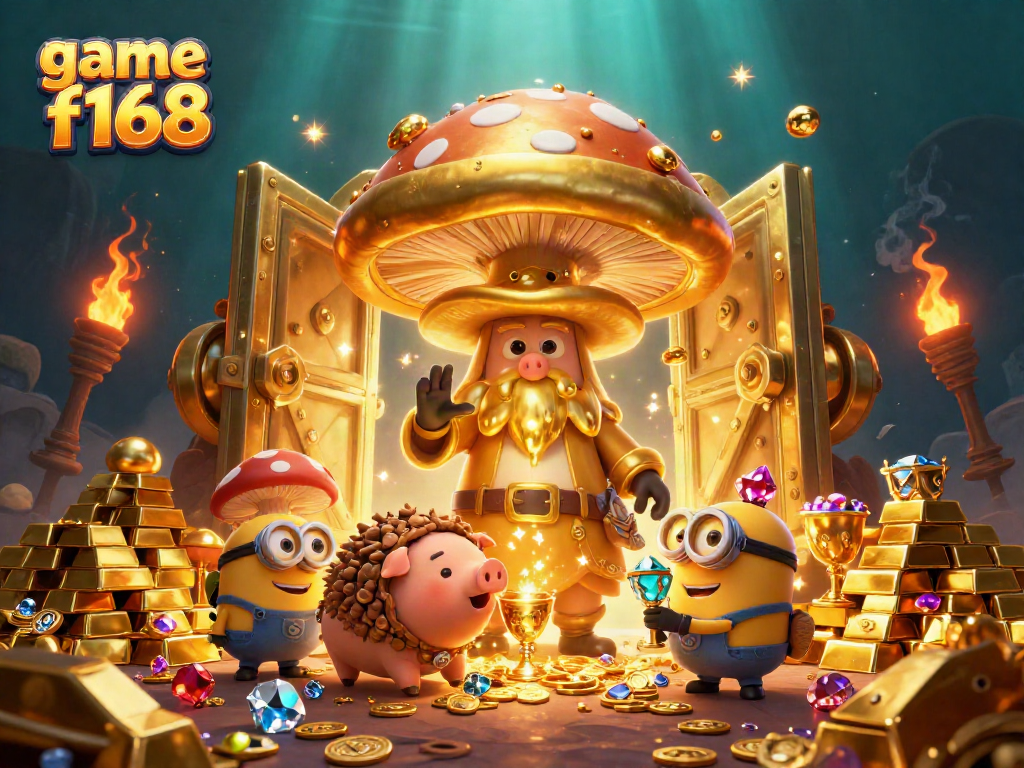 Engage with the exciting game f168 scene featuring a mushroom wizard and treasures.