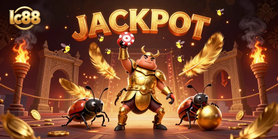 Experience excitement at lc88 with a cartoon hercules beetle in golden armor showcasing a jackpot victory.