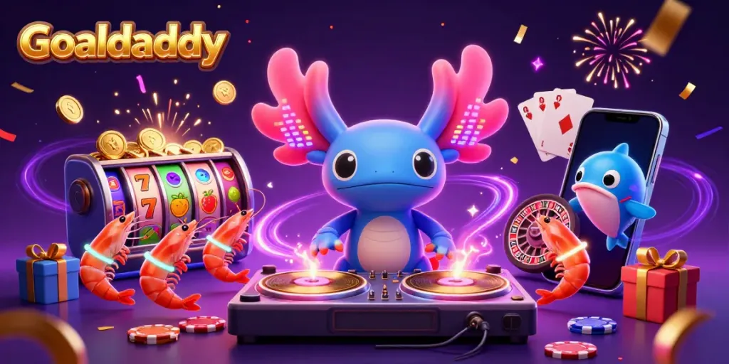 Engage with Goaldaddy's online casino world, featuring vibrant 3D visuals of the axolotl DJ and immersive gambling elements.