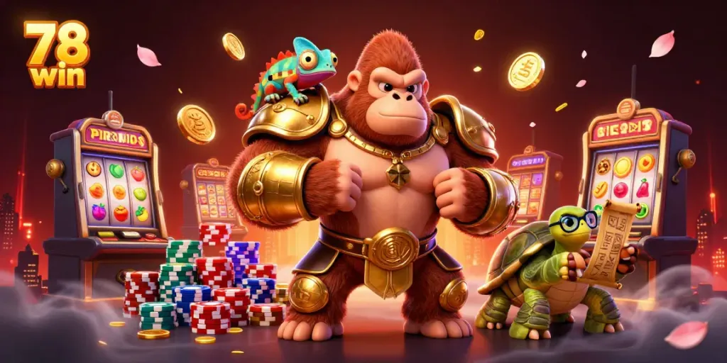 Enter the thrilling world of 78 win with a powerful gorilla king, colorful slot symbols, and dynamic casino action.