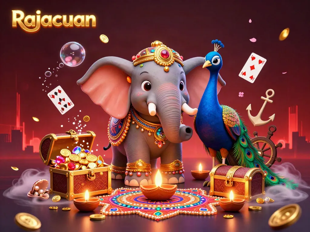 Experience the magic of Rajacuan with our vibrant online casino illustration, featuring a Diwali-themed elephant amidst floating elements.