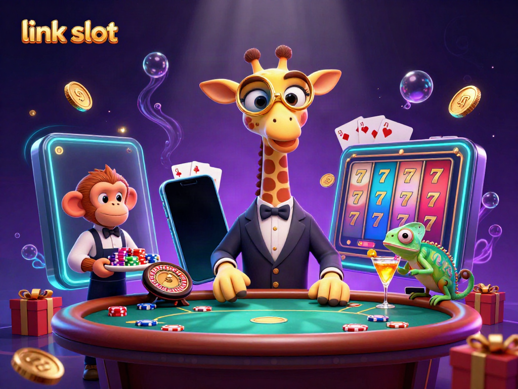 Experience excitement with link slot through a high-roller giraffe, monkey valet, and chameleon bartender in a vibrant casino scene.