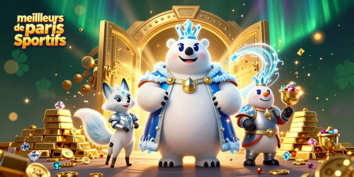 Découvrez les meilleurs sites de paris sportifs avec une illustration dynamique d'un ours polaire royal, un renard en armure, et des trésors étincelants.