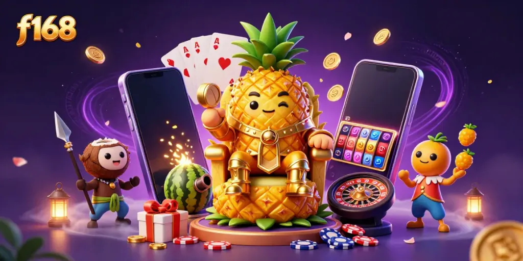 Spin the reels with F168's vibrant casino adventure featuring a pineapple king and playful characters.