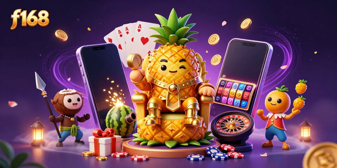 Spin the reels with F168's vibrant casino adventure featuring a pineapple king and playful characters.