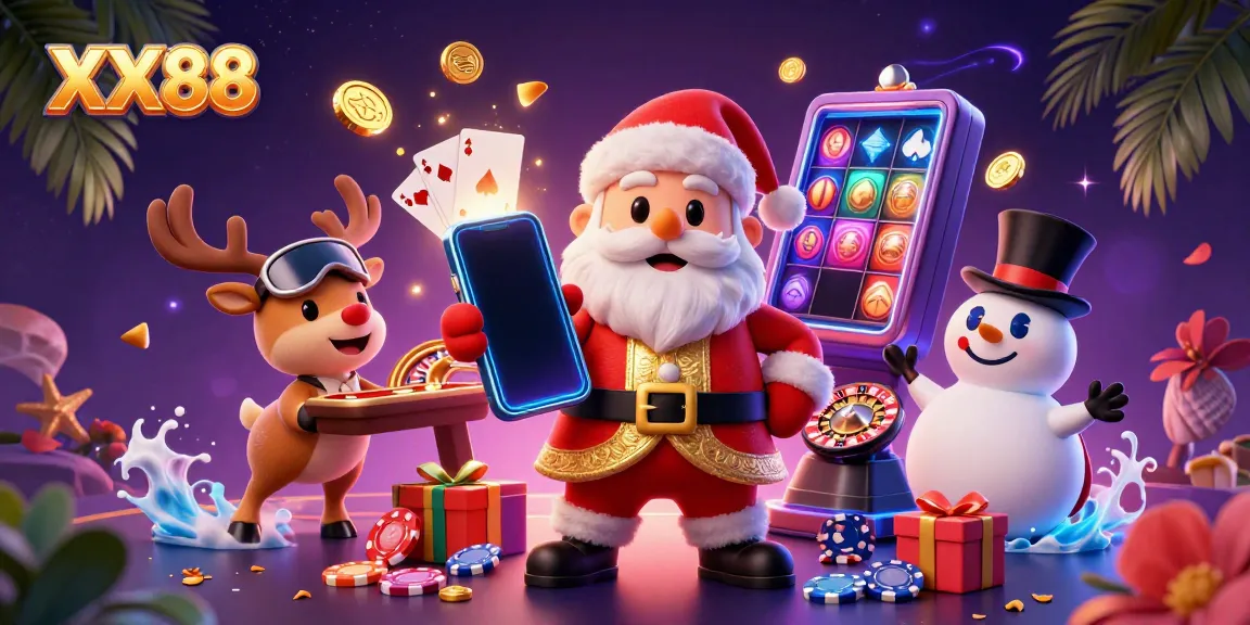 Spin your lucky reels with XX88, a vibrant casino scene featuring Santa and friends