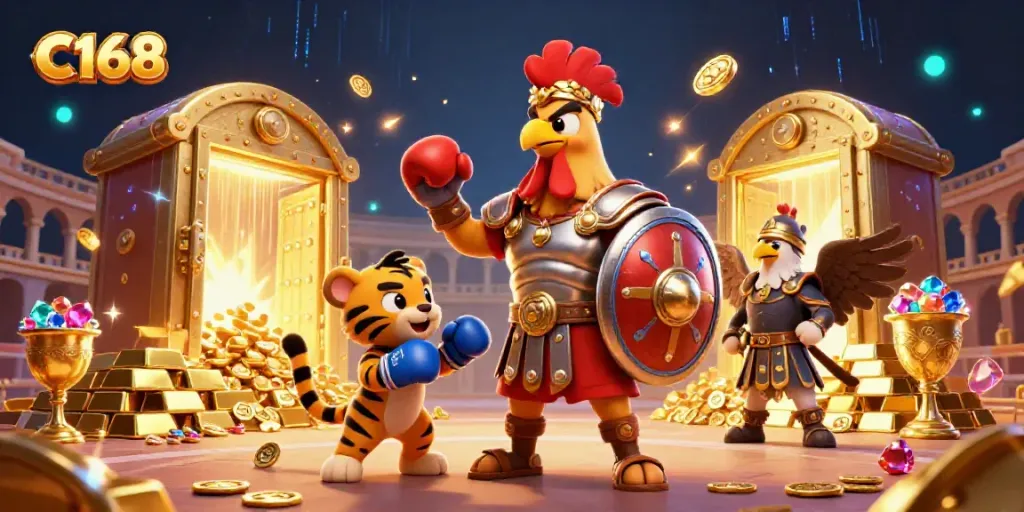 C168 players win big at a vibrant casino scene featuring a gladiator rooster and treasures.