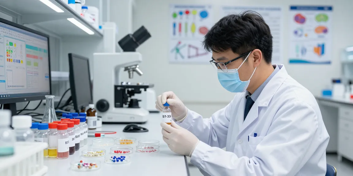 Researcher analyzing b7-33 for sale peptide samples in a lab setting.