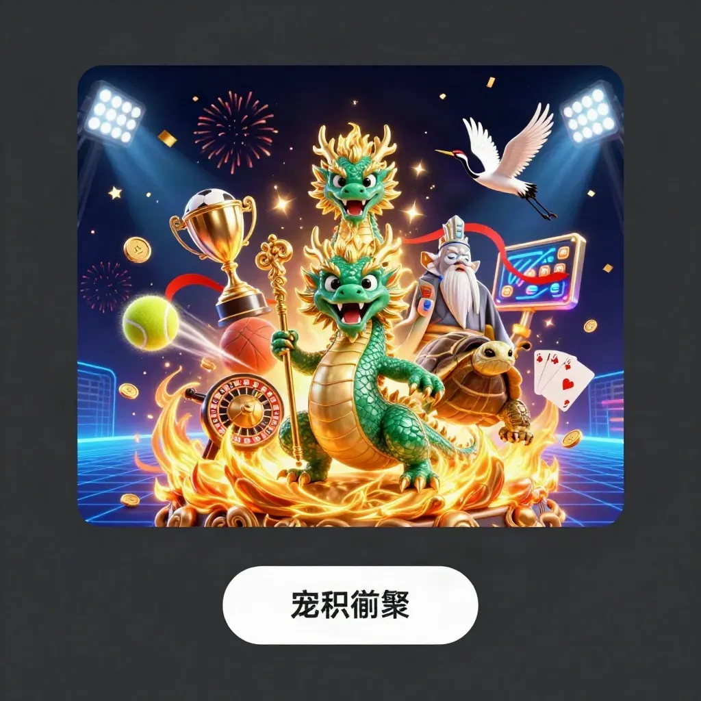 Emerald dragon, turtle sage, cranes, coins, trophy and casino lights in a neon sky.