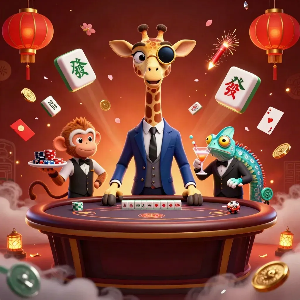 3D giraffe, monkey valet, and chameleon bartender amid glowing casino props and blue light
