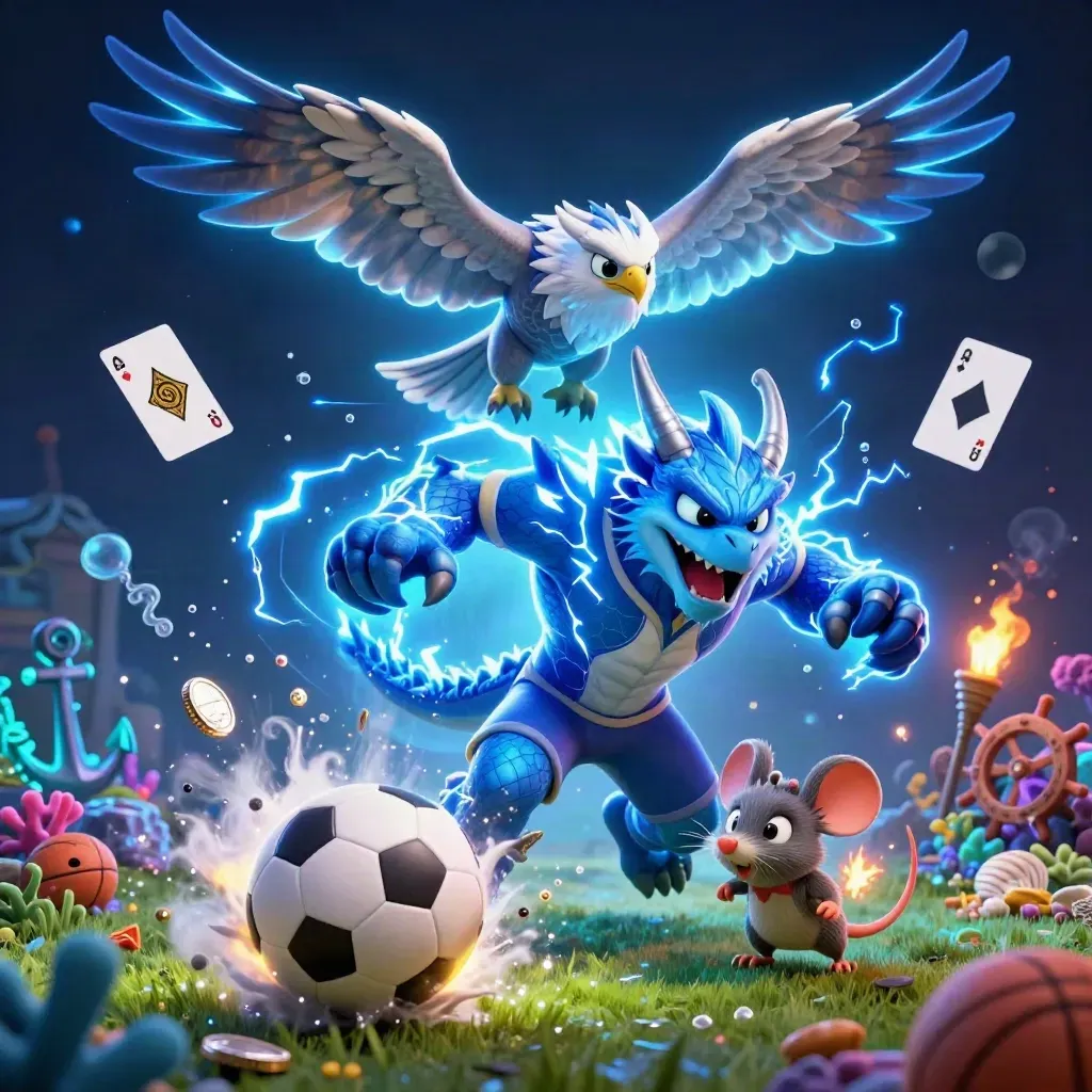 Thunder dragon, hawk, and mouse blast past a soccer ball amid casino treasures and blue sparks.