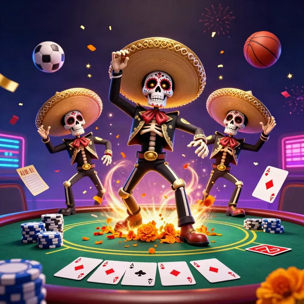 Skeleton mariachi trio amid casino chips, cards, balls and neon confetti.