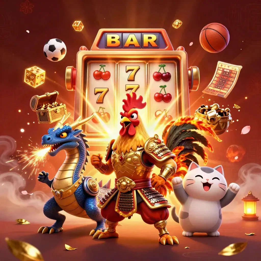 Rooster warrior, dragon hatchling and lucky cat amid casino bursts and sports balls.