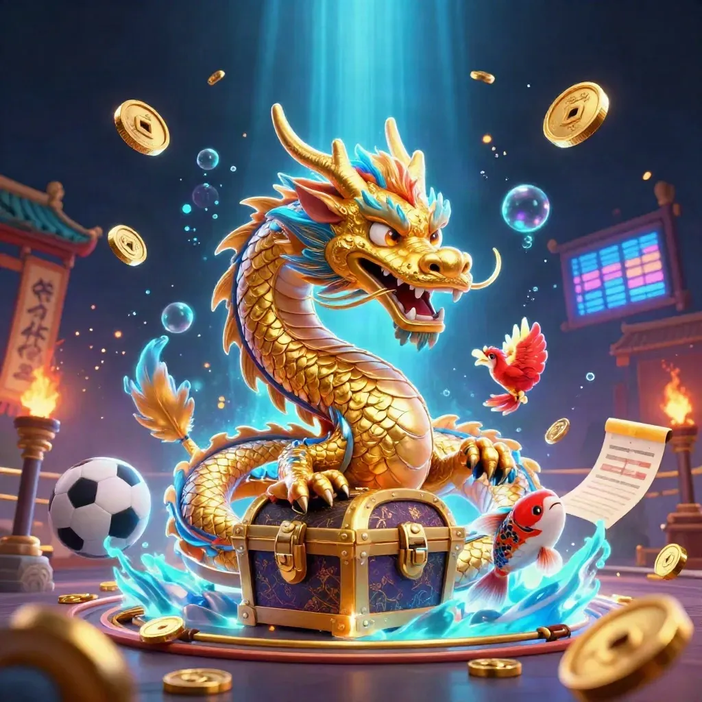 Golden dragon with phoenix and koi amid coins, balls, temple gate, and cyan-blue glow.