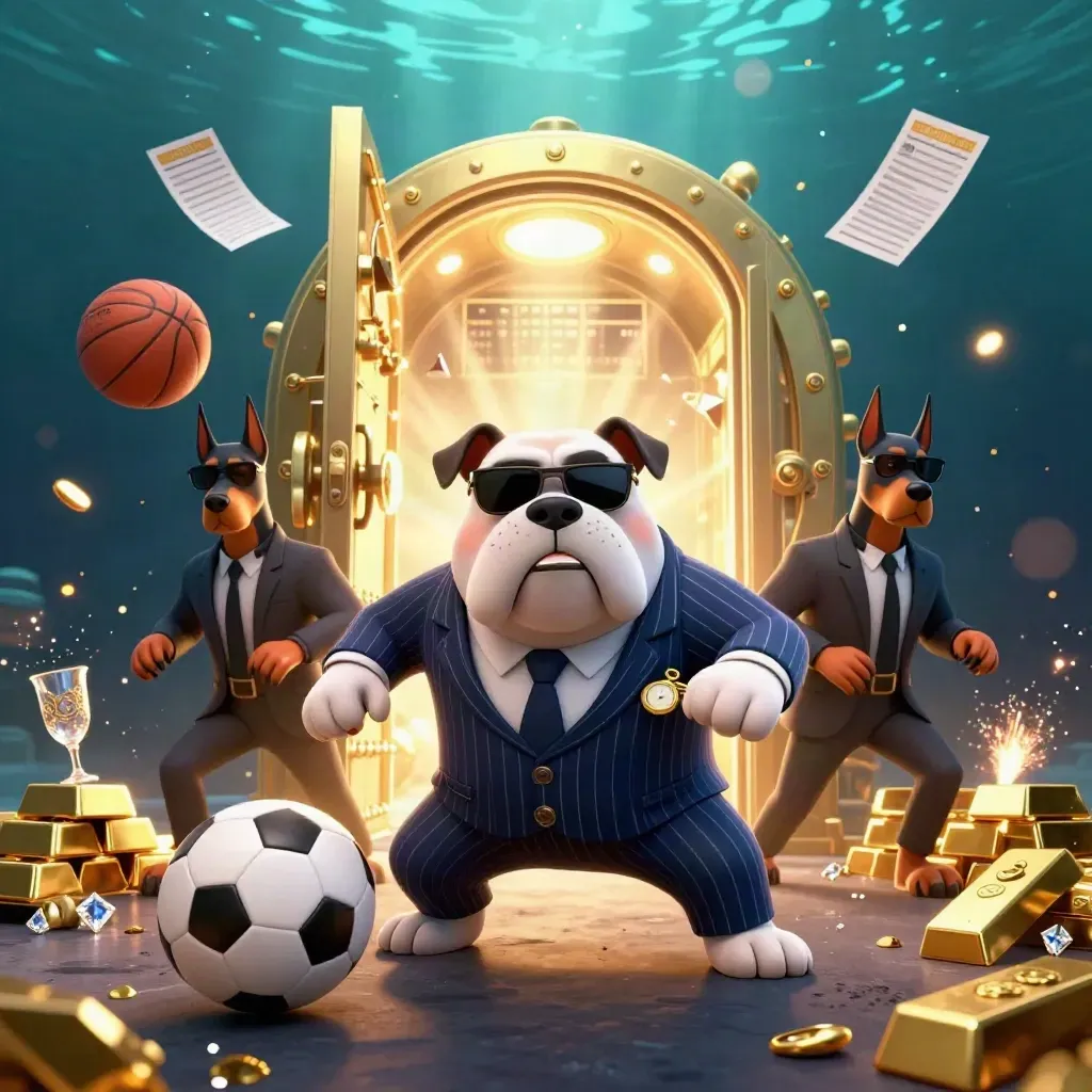 Bulldog mob boss and Doberman guards amid a vault blast, gold, balls, and teal-blue casino lights.