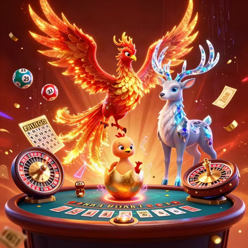 Phoenix and crystal stag in a glowing casino scene with lottery balls and spinning prize wheel