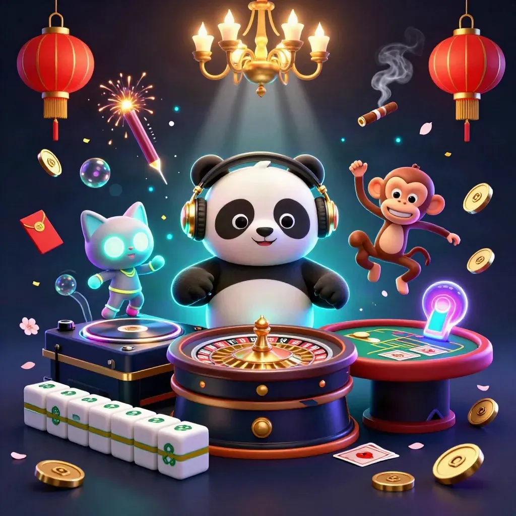 DJ panda, monkey, and glow-stick kitten in a luxe neon casino scene
