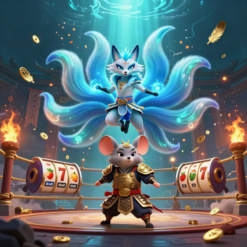 Nine-tailed fox spirit and armored mouse amid coins, temple gate, and blue casino effects.