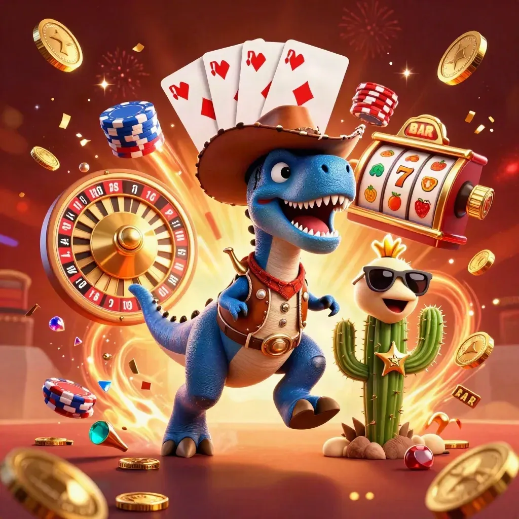 Cowboy T-Rex, cactus sidekick, and sheriff roadrunner burst amid casino treasure and blue energy.