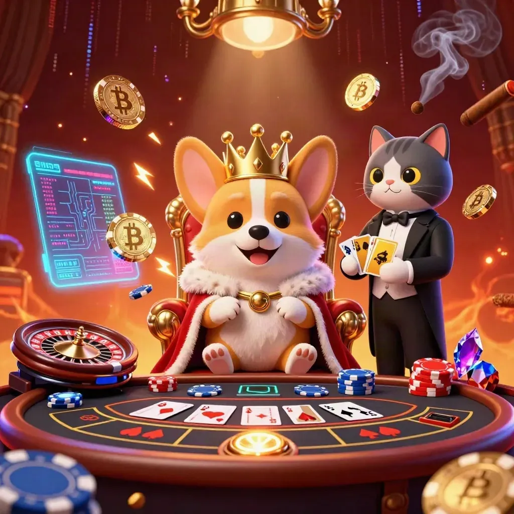 Royal corgi and cat butler amid glowing crypto casino luxury, brass, felt, and neon energy