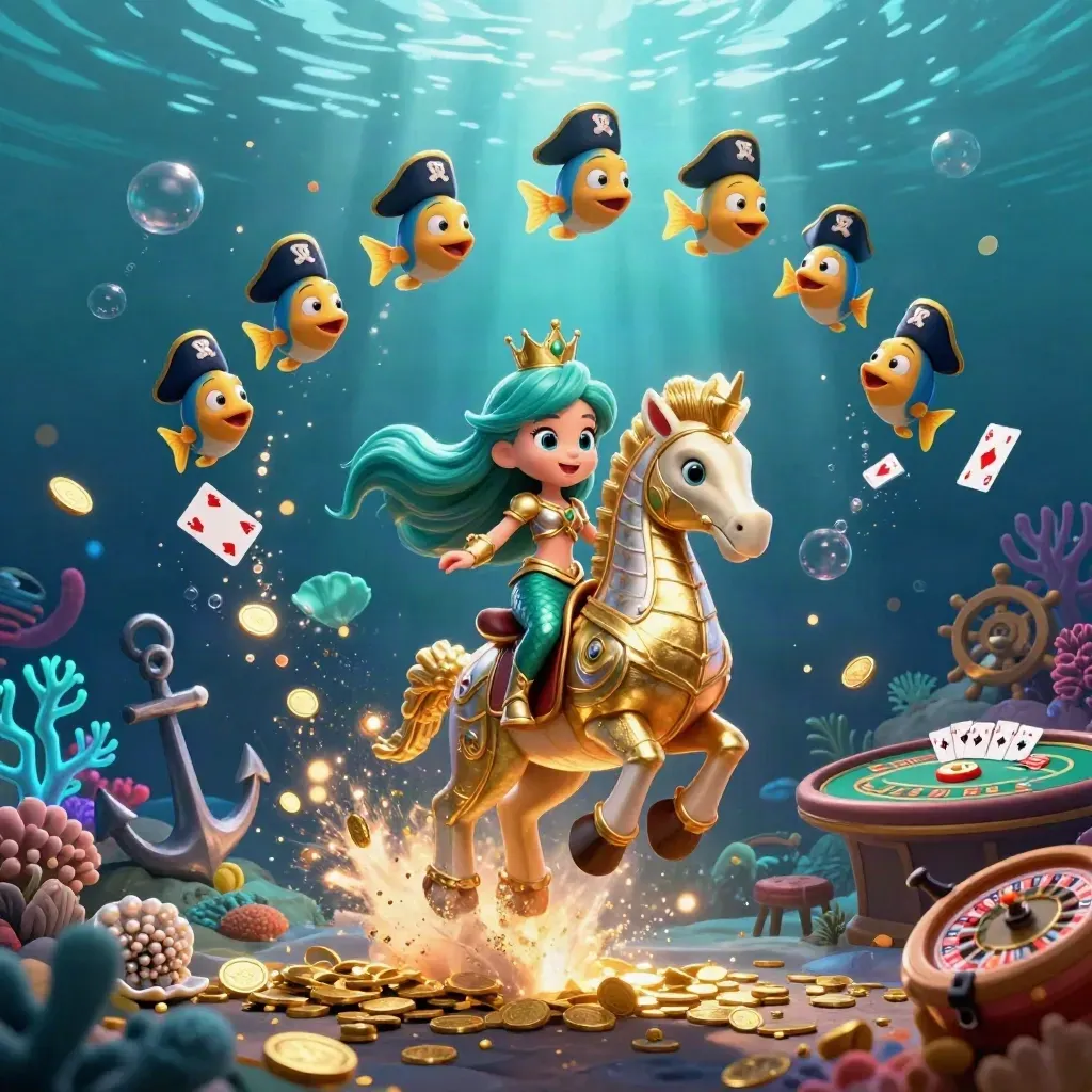 Mermaid princess on golden seahorse with pirate fish in an underwater treasure casino scene.