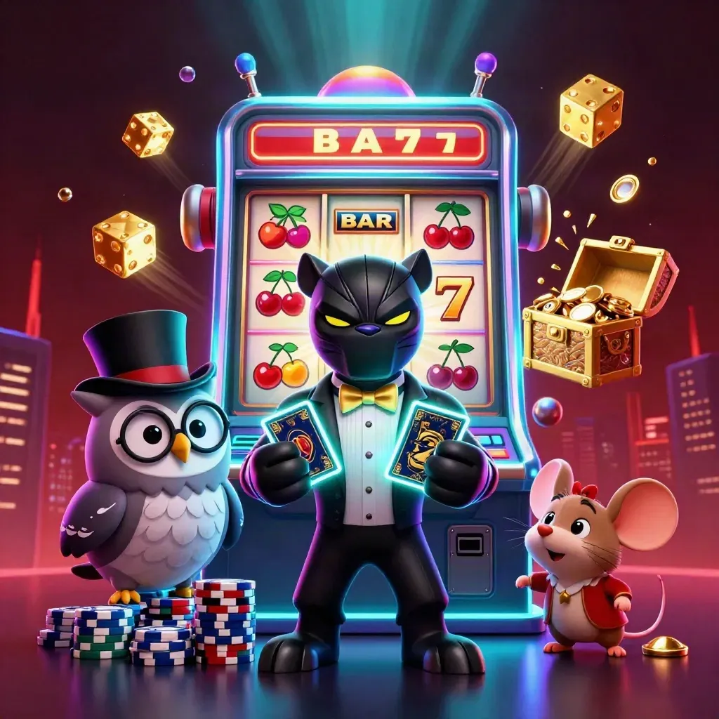 Tuxedo panther, owl, and mouse amid chips, dice, and a bursting slot machine.