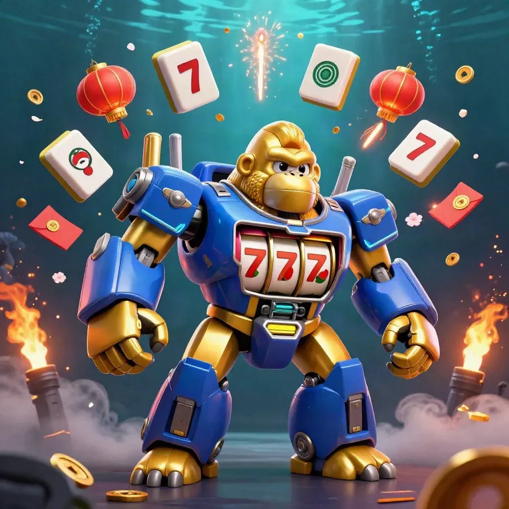 Golden gorilla mech with monkey pilot, coins, lanterns, and blue underwater rays