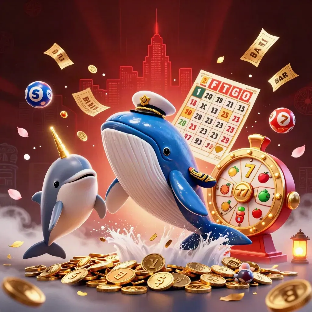 Whale captain, narwhal, and dolphins burst through coins with casino items and glowing effects.