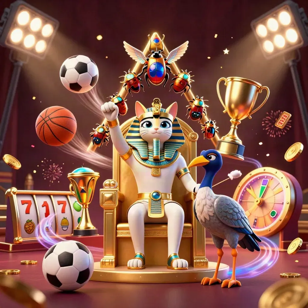 Pharaoh cat, ibis scribe and gem-winged scarabs amid sports balls, coins and blue casino glow.