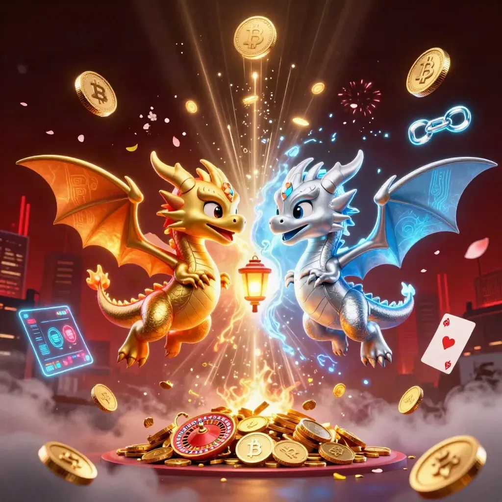 Twin gold and silver dragons amid coins, lightning, petals, and a neon skyline.