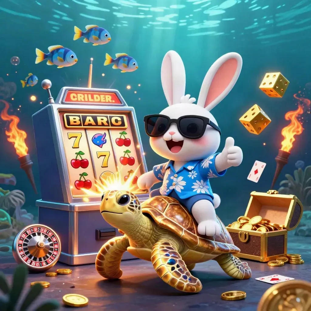 Lucky rabbit riding a golden sea turtle as coins and slot symbols explode underwater.