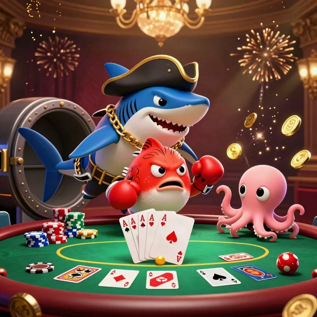 Shark pirate, pufferfish, and octopus amid casino chips, coins, cards, fireworks, and gold light.