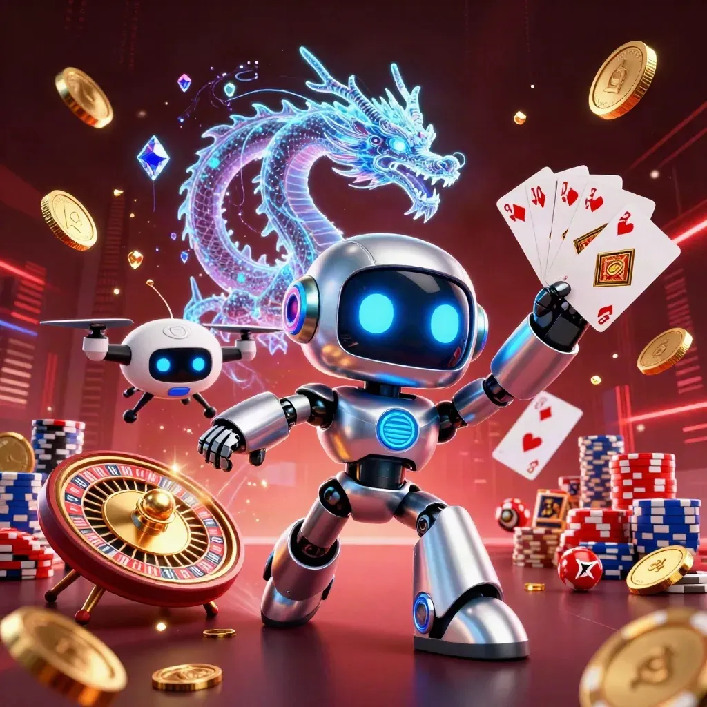 Cyberpunk robot, holographic dragon, and coin drone amid gold coins, cards, chips, and neon casino effects