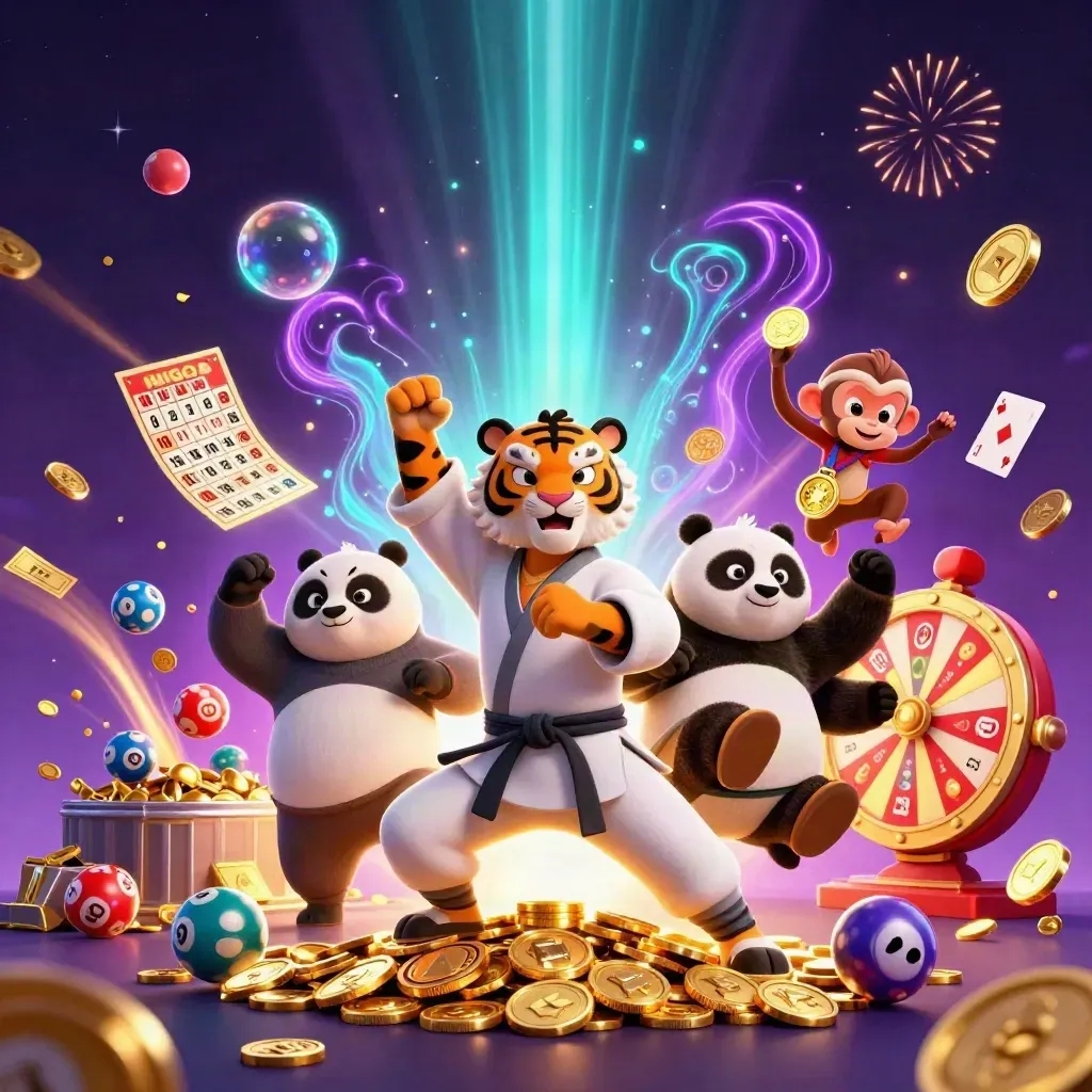 Tiger, panda, and monkey celebrate amid casino loot, lottery balls, and fireworks.