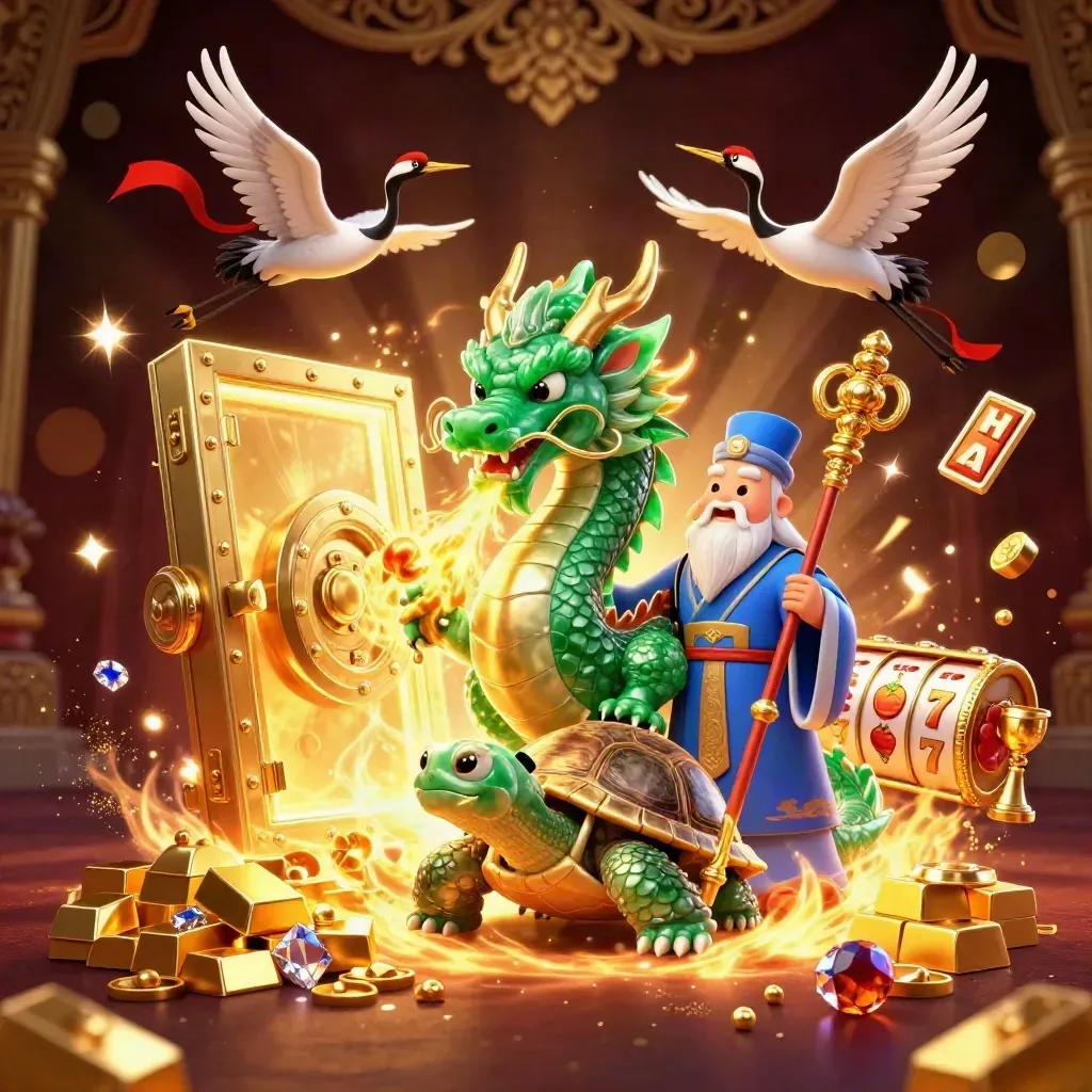 Emerald dragon, turtle sage, and cranes amid gold vault loot on a dark burgundy casino backdrop.