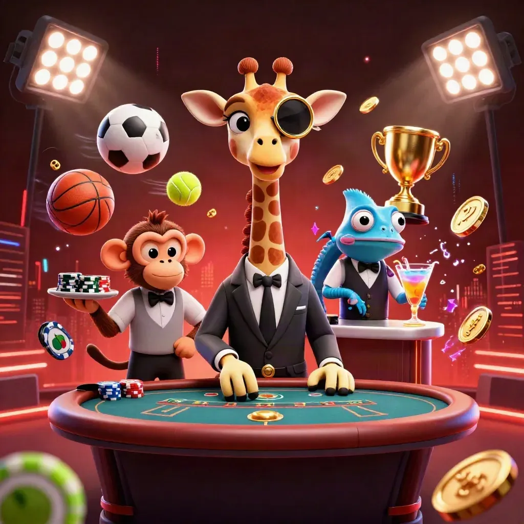 Three cartoon casino animals at a poker table amid glowing sports balls and gold energy