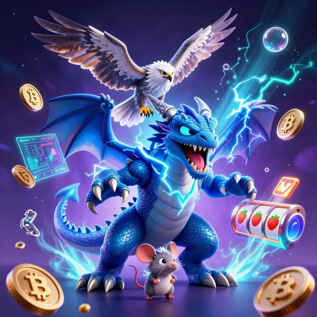 Thunder dragon, wind hawk, and static mouse amid neon coins, reels, and electric blue lightning.